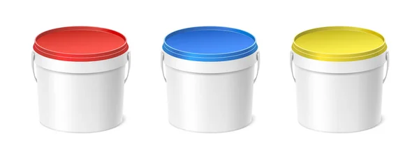 Realistic vector icon set. Paint plastic bucket with handle with red, blue and yellow lid. Isolated on white background. Top view. — Image vectorielle