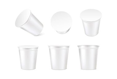 3d realistic vector icon set. Collection on sour cream cups with lid in different orientations. Isolated on white background. Dairy yoghurt product mockup.