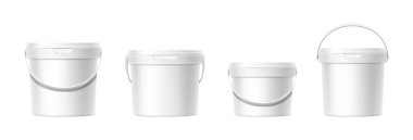 3d realistic vector icon set. Different shapes white plastic bucket with lid. Front view.