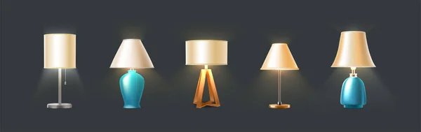 Realistic Vector Icon Set Table Light Lamps Lighted Dark — стоковый вектор