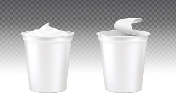 Realistic Vector Icon Set Sour Cream Cup Open Lid Lid — Stockvektor