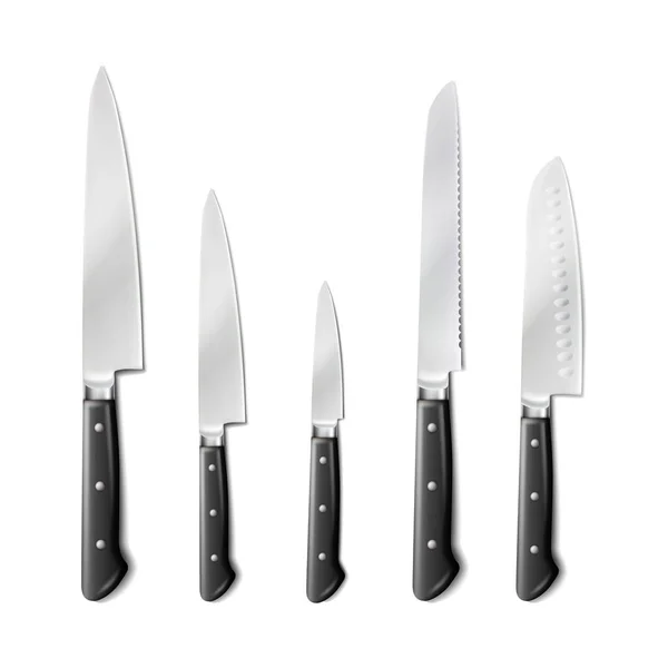 Realistic Vector Icon Set Butcher Set Steel Knives Black Handle — ストックベクタ