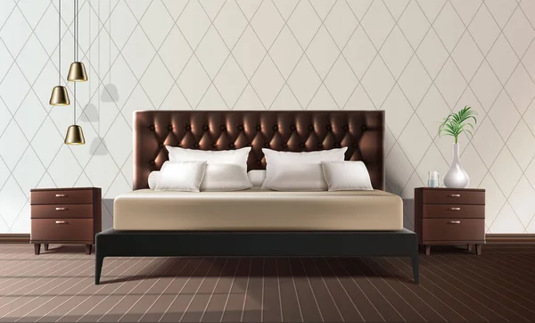 Realistic Vector Background Bedroom Interior King Size Bed Bedsidetables Modern — Stockvector