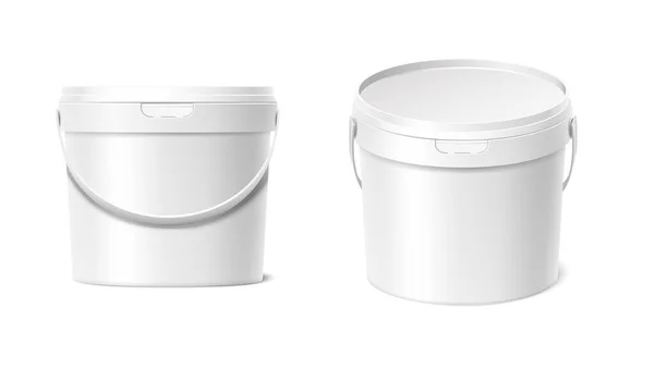 Realistic Vector Icon Set Plastic White Paint Bucket Top Front — Stock Vector