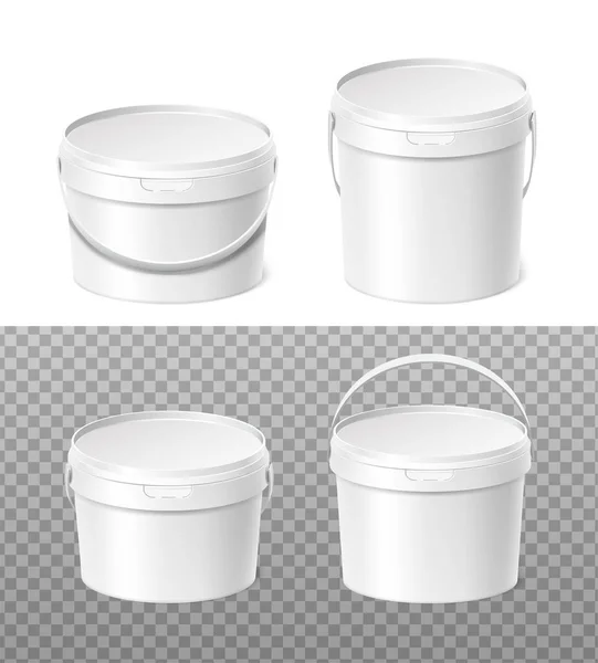 Realistic Vector Icon Set Plastic White Paint Bucket Top Front — Stock Vector