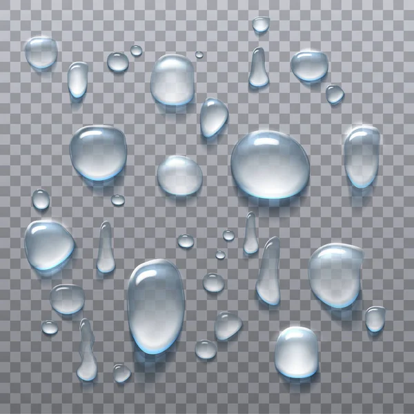 3Dリアルなベクトルアイコンセット 水が落ちる 雨は透明背景に異なるサイズと形状で低下します — ストックベクタ