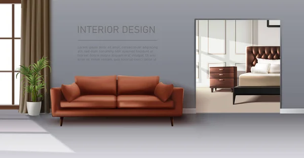 Fondo Vector Realista Salón Diseño Interiores Sofá Con Ventana Grande — Archivo Imágenes Vectoriales