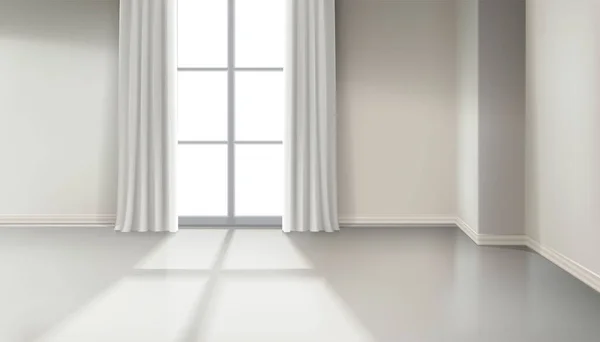 Realistischer Vektor Hintergrund Wohnzimmer Leer Innen Fenster Mit Langen Vorhängen — Stockvektor