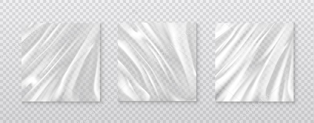 3d realistic vector icon. Three set of film polyethylene on transparent background. Transparent plastic film in square.