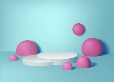 3d gerçekçi vektör arkaplanı. Etrafında pembe toplar olan beyaz bir güzellik standı. Kozmetik ve ürün görüntüleme.