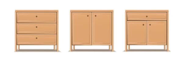 Realistic vector icon set. Collection of dresser, bedside tables. Brown chest of drawers. — Image vectorielle