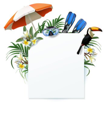 3d realistic vector banner illustration with square blank copy space. Tropical plants with umbrella, diving mask and tucan bird.