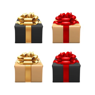 3d realistic vector icon set. Square present boxes in black color and in carton with red and golden ribbon with a bow. Isolated on white background.