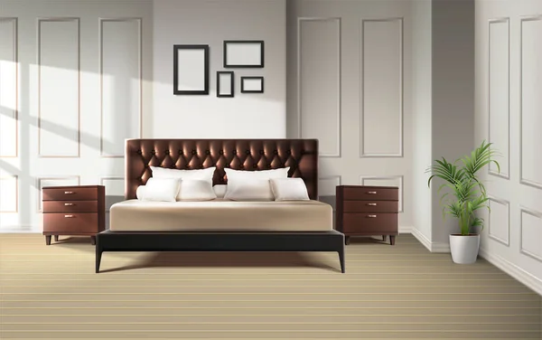 Realistic Vector Interior Design Background Bedroom Kind Size Bed Bedside — Stock Vector