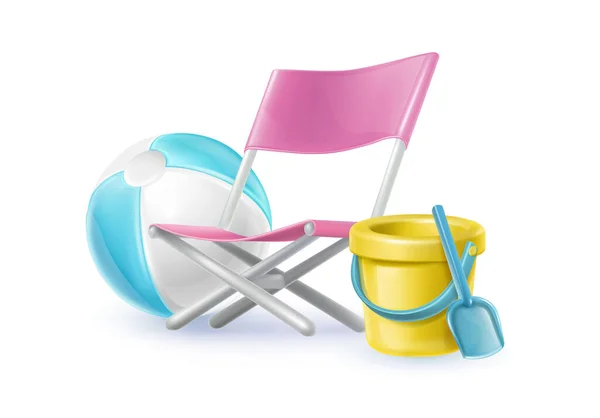 Realistic Vector Icons Summer Set Chair Sand Yellow Plastic Bucket — Stockvektor