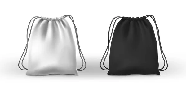 Realistic Vector Icon Set White Black Pack Drawstring Bags Handles — Vetor de Stock
