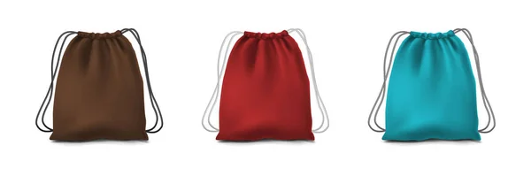 Realistic Vector Set Three Sport Backpacks Brown Red Blue Color — Vector de stock