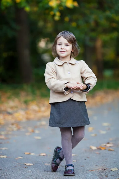 Nice preschooler girl in the autumn park with yellow leaves — Stock Photo, Image