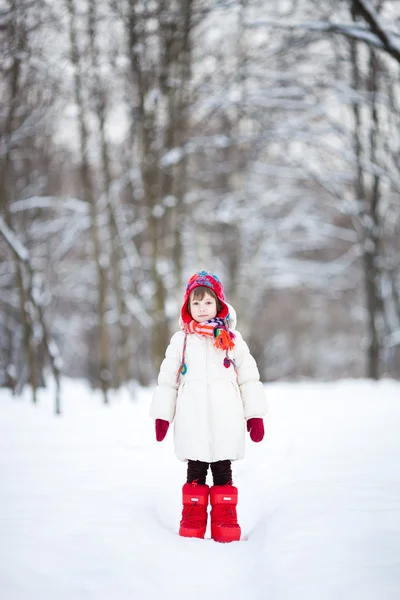 Adorable preschooler girl in beautiful winter park — Stock Photo, Image