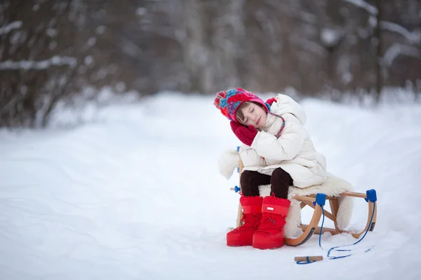 Adorable preschooler girl in beautiful winter park — Stock Photo, Image