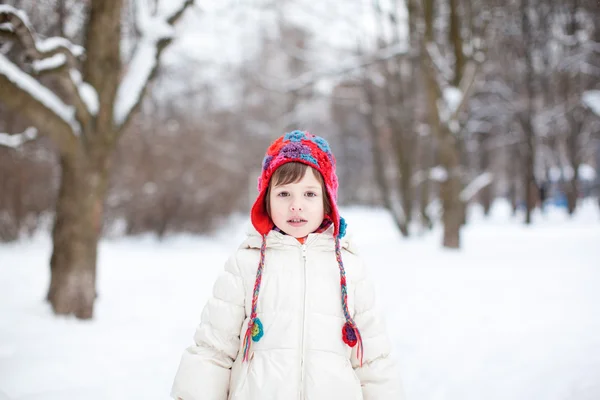 Adorabil fata prescolara in frumos parc de iarna — Fotografie, imagine de stoc