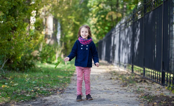 Óvodás lány őszi parkban játszó juharlevél — Stock Fotó