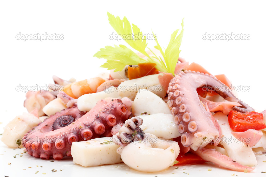 Frutti di mare insalata su sfondo bianco