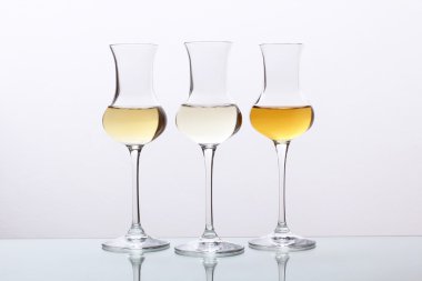 kokteyller üç bardak tekila, ROM ya da gri arka plan üzerinde grappa ile