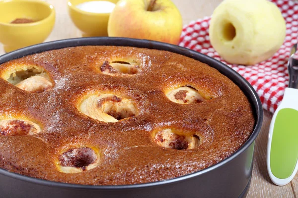 Dessert gâteau aux pommes fait à la main dans une poêle en aluminium — Photo