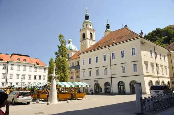 Markt plein en de st. nicholas kathedraal, ljubljana — Stockfoto