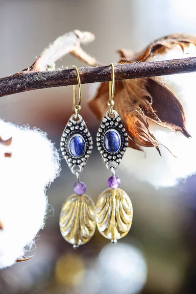 Beautiful Earrings Lapis Lazuli Stone Amethyst Glass Bead Hanging Natural — Stock Photo, Image