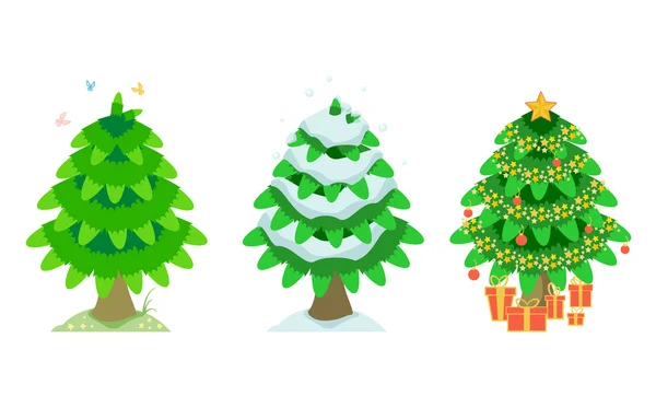 云杉在夏季和冬季和圣诞节 — 图库矢量图片