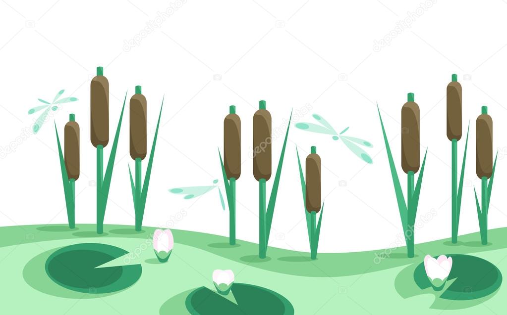 Lake with reeds lilies and dragonflies in horizontal seamless bo