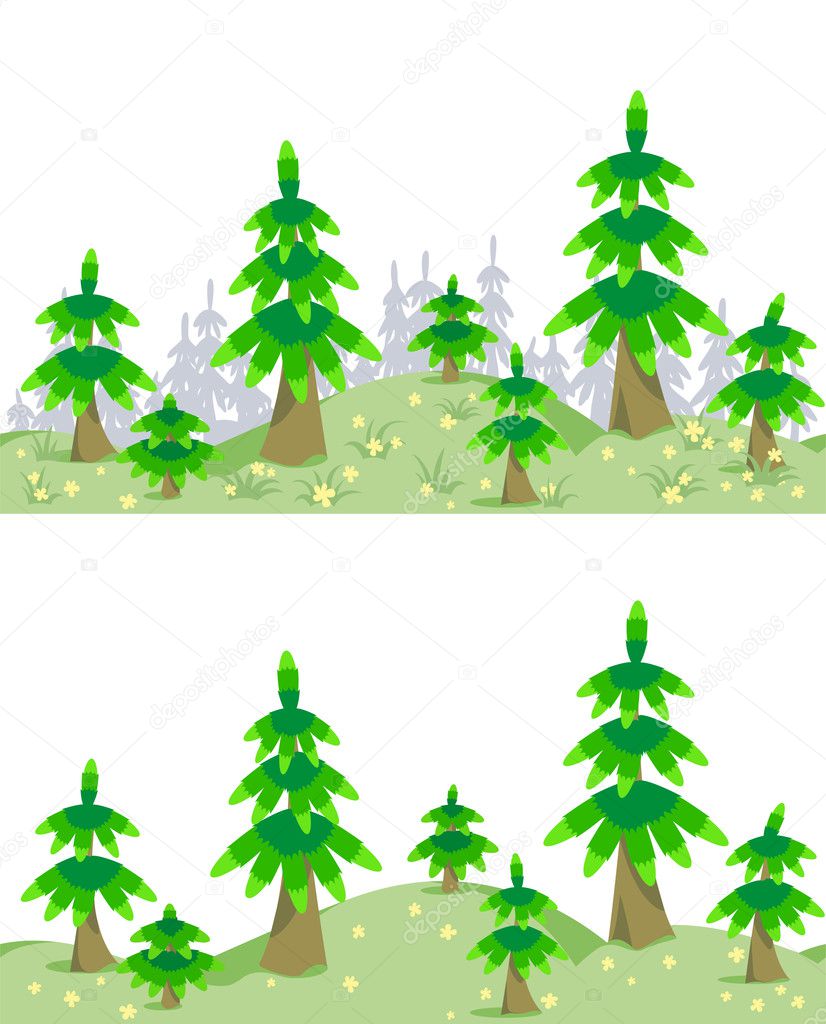 Horizontal seamless border with spruce forest in summer