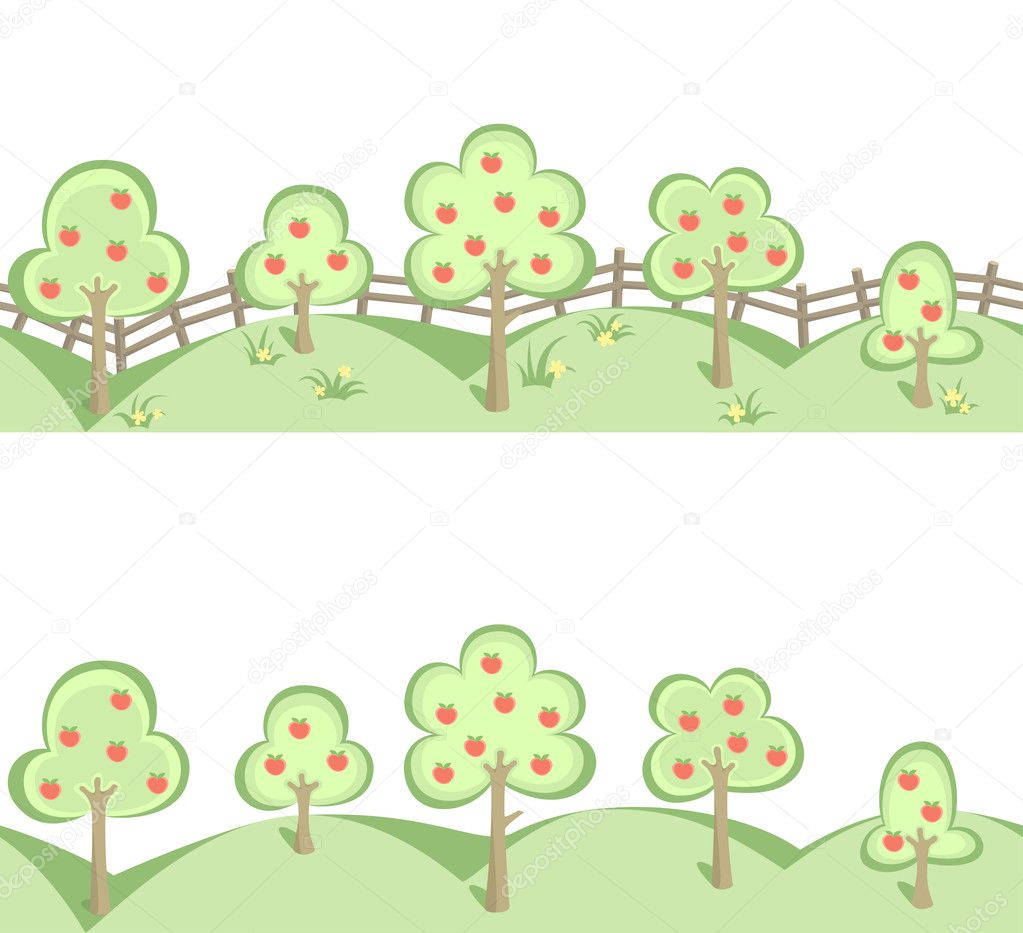 Fruit trees and a field of flowers in horizontal seamless border