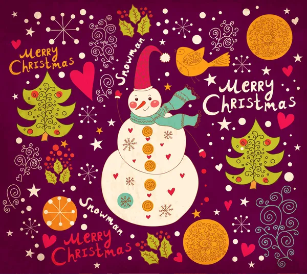Cartão de felicitações de Natal com boneco de neve. Ilustração vetorial . — Vetor de Stock