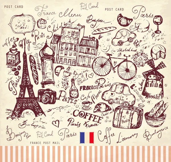 Crayon illustration dessinée à la main sur les voyages à thème — Image vectorielle