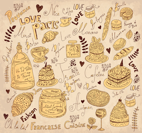 Векторный фон с символами еды Франция
