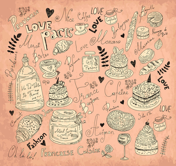 Векторный фон с символами еды Франция
