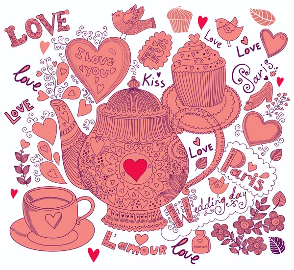Vector arte mão desenhada cartão de férias com cupcake e bule de chá — Vetor de Stock