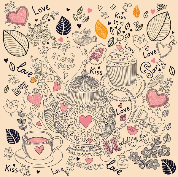 tatil kartı cupcake ve çaydanlık vektör sanat el çekilmiş