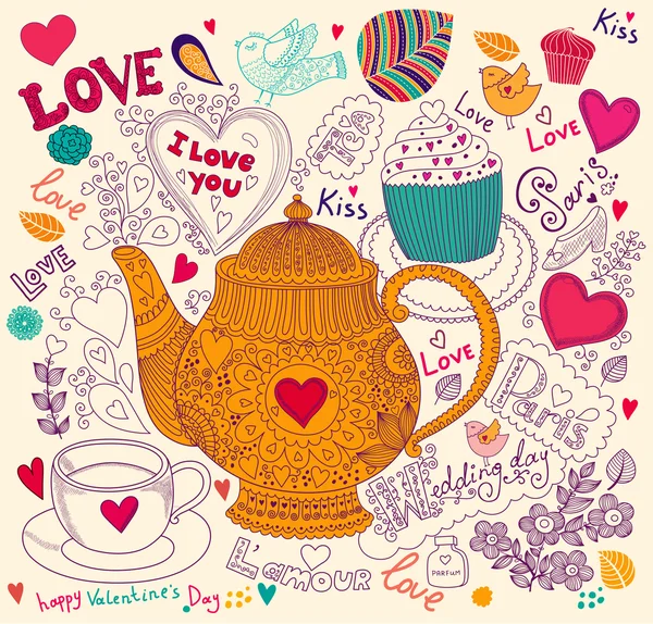 tatil kartı cupcake ve çaydanlık vektör sanat el çekilmiş