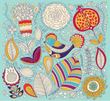 kuş ile çiçek desenli