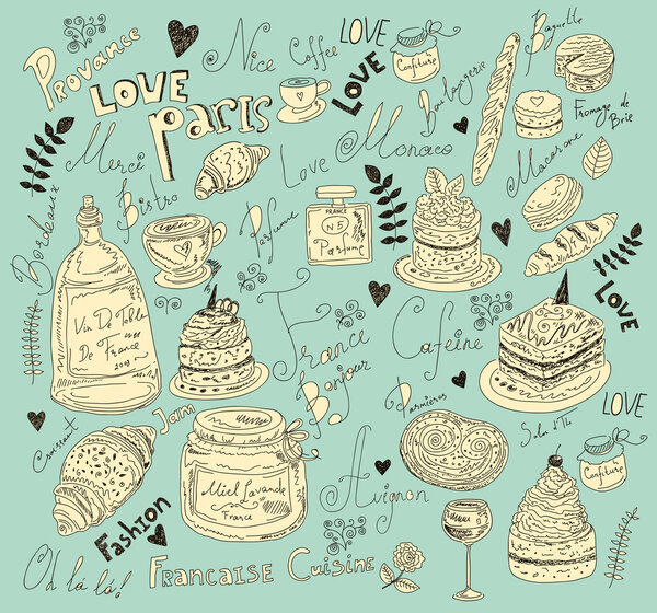 Векторный фон с символами еды Франция
