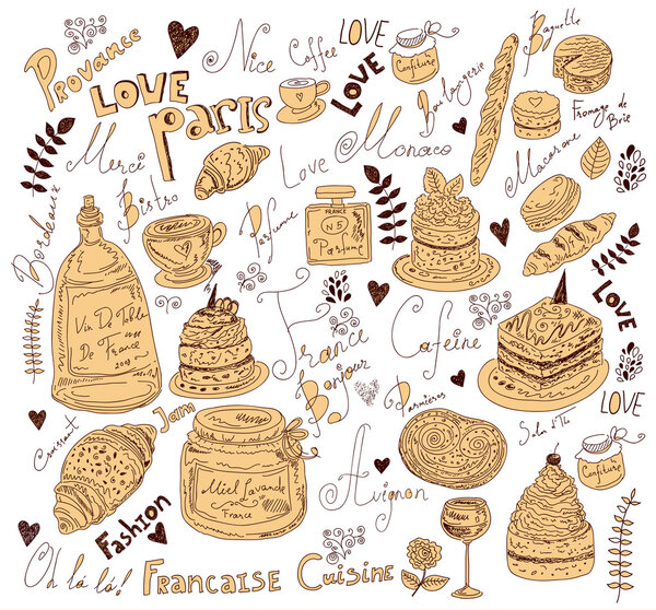 Векторный фон с символами еды Франция
