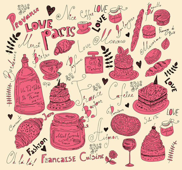 Векторный фон с символами еды Франция
