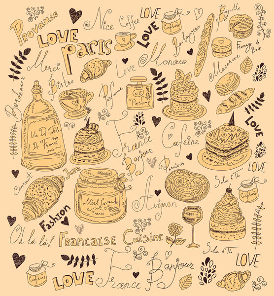 Векторный фон с символами еды Франция
