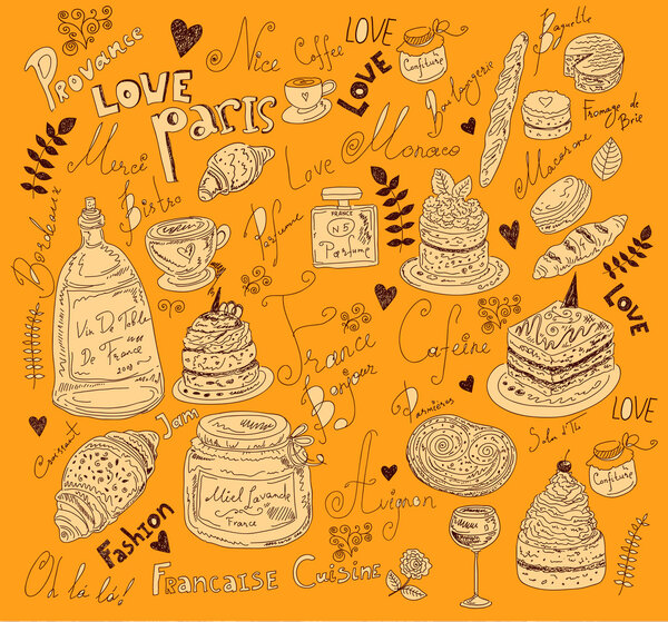 Векторный фон с символами еды Франция
