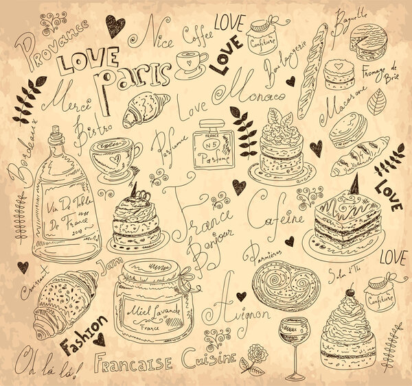 Векторный фон с символами еды Франция
