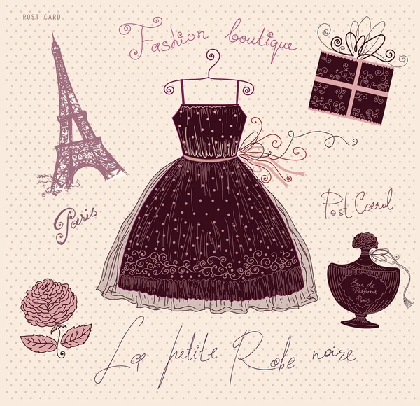 Векторная рисованная вручную винтажная иллюстрация с символами французской моды — стоковый вектор